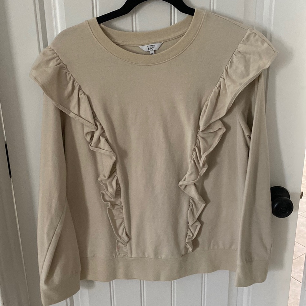 Womens Crown & Ivy MEDIUM ruffle top  long sleeved shirt tan/cream color